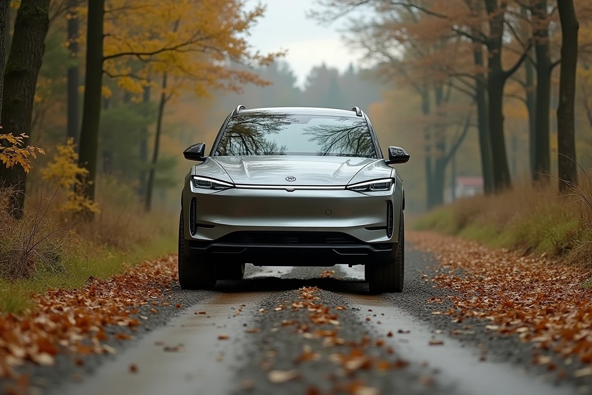 SUV électrique 4x4 roulant sur une route mixte entre asphalte et chemin de terre en lisière de forêt, symbole de polyvalence électrique