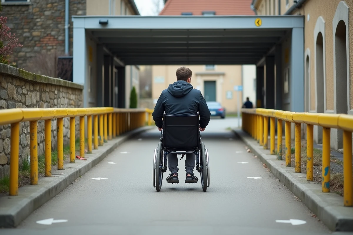 Personne en fauteuil roulant empruntant la rampe d'accès PMR d'un parking public à Colmar