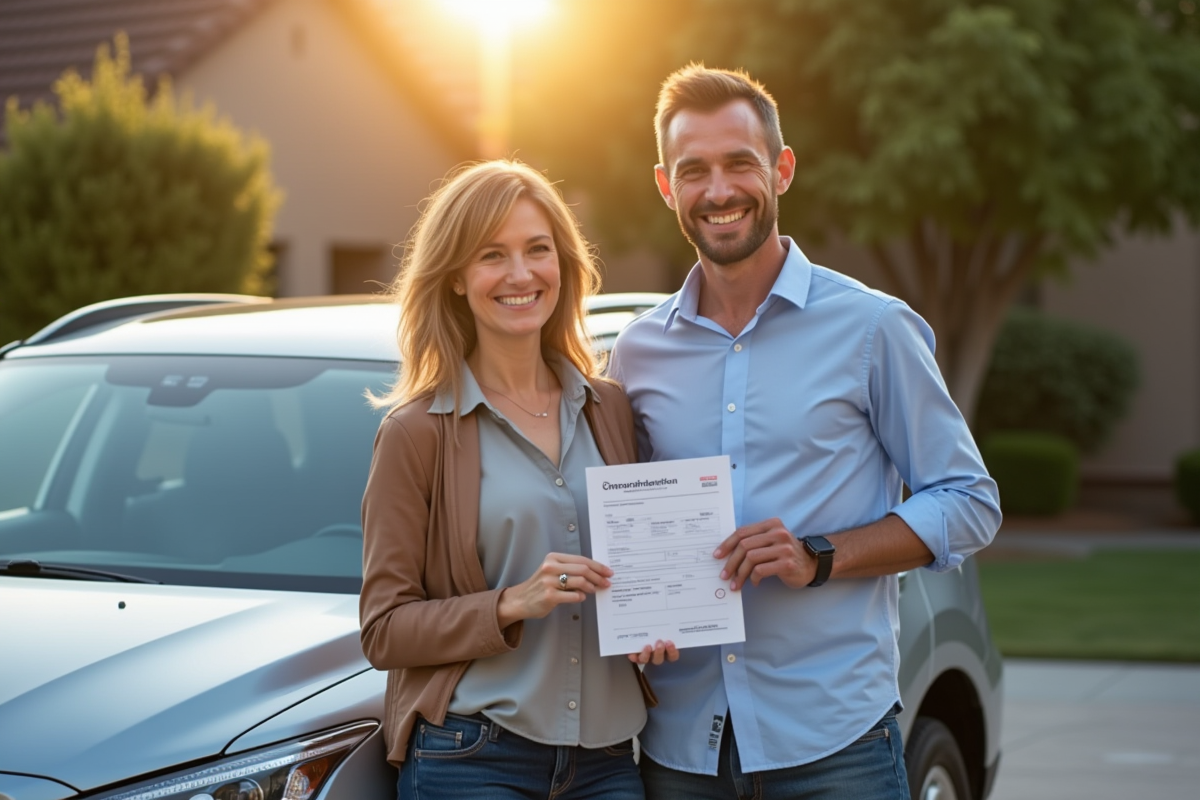 Deux personnes souriantes tenant un certificat d'immatriculation voiture