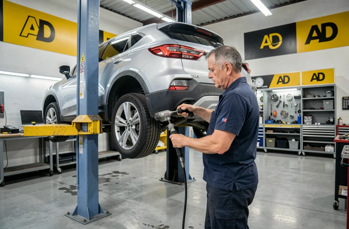 Mécanicien changeant un pneu sur un SUV surélevé dans le garage AD à Vauvert