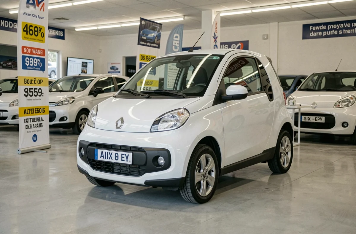 Aixam City Sport exposée dans un showroom de concessionnaire de voitures sans permis en France