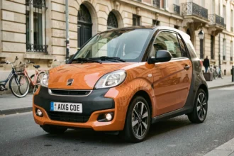 Aixam City Sport neuve garée en ville, vue avant trois quarts sur fond de rue française