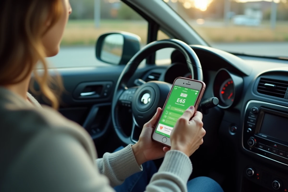 Application de vérification de compatibilité moteur E85 affichée sur smartphone à l'intérieur d'un véhicule