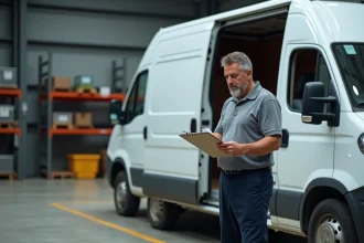 Artisan debout devant un grand utilitaire blanc en entrepôt, consultant un bon de commande avant achat du Dimensions Master L2H2