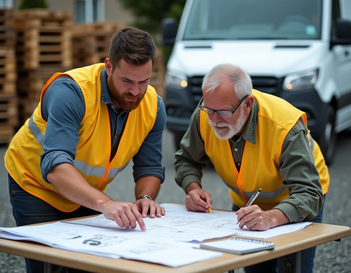 Deux artisans étudiant les dimensions techniques d'un utilitaire L2H2 sur des fiches de spécifications dans une cour de chantier