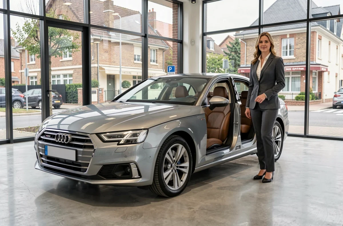 Showroom Audi Seine à Rueil-Malmaison avec une Audi d'occasion exposée et une conseillère commerciale