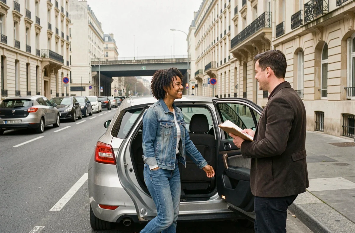 Élève sortant d'une voiture de l'Auto École De Floreal à Saint-Denis après une leçon de conduite