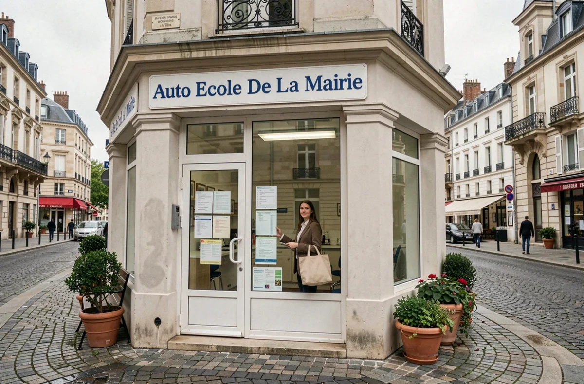 Devanture de l'Auto École De La Mairie en Seine-Saint-Denis avec une élève consultant les horaires