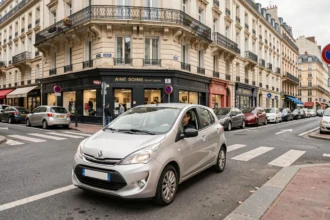 Vue d'ensemble d'une auto-école en Seine-Saint-Denis avec une voiture double commande dans une rue animée