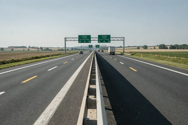 Vue grand angle d'une autoroute française à plusieurs voies avec panneaux verts et marquages au sol, paysage de campagne en arrière-plan