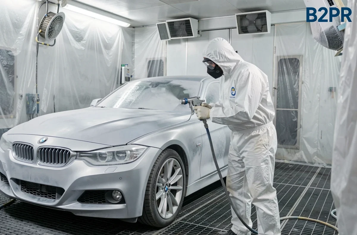 Technicien en combinaison blanche appliquant de l'apprêt sur une carrosserie dans la cabine de peinture de B2PR en Île-de-France