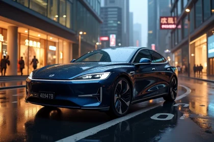 Berline électrique premium de marque chinoise garée sur un boulevard urbain pluvieux à Shanghai, reflétant l'architecture moderne dans sa carrosserie bleu marine
