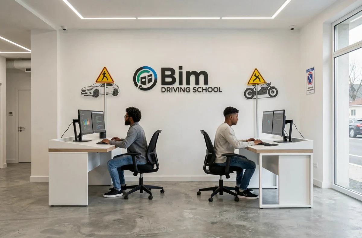 Salle de code moderne de la Bim Driving School en Seine-Saint-Denis avec des élèves aux postes numériques