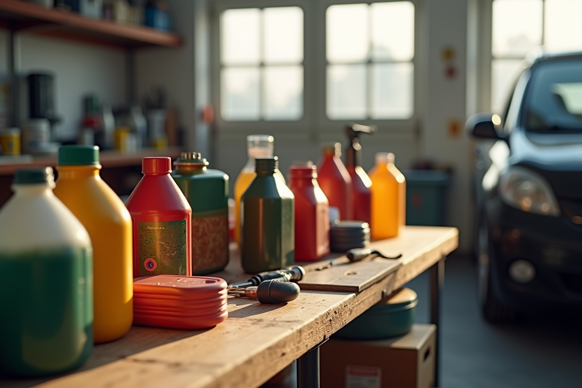 Bouteilles de carburant et outils sur un établi dans un garage lumineux