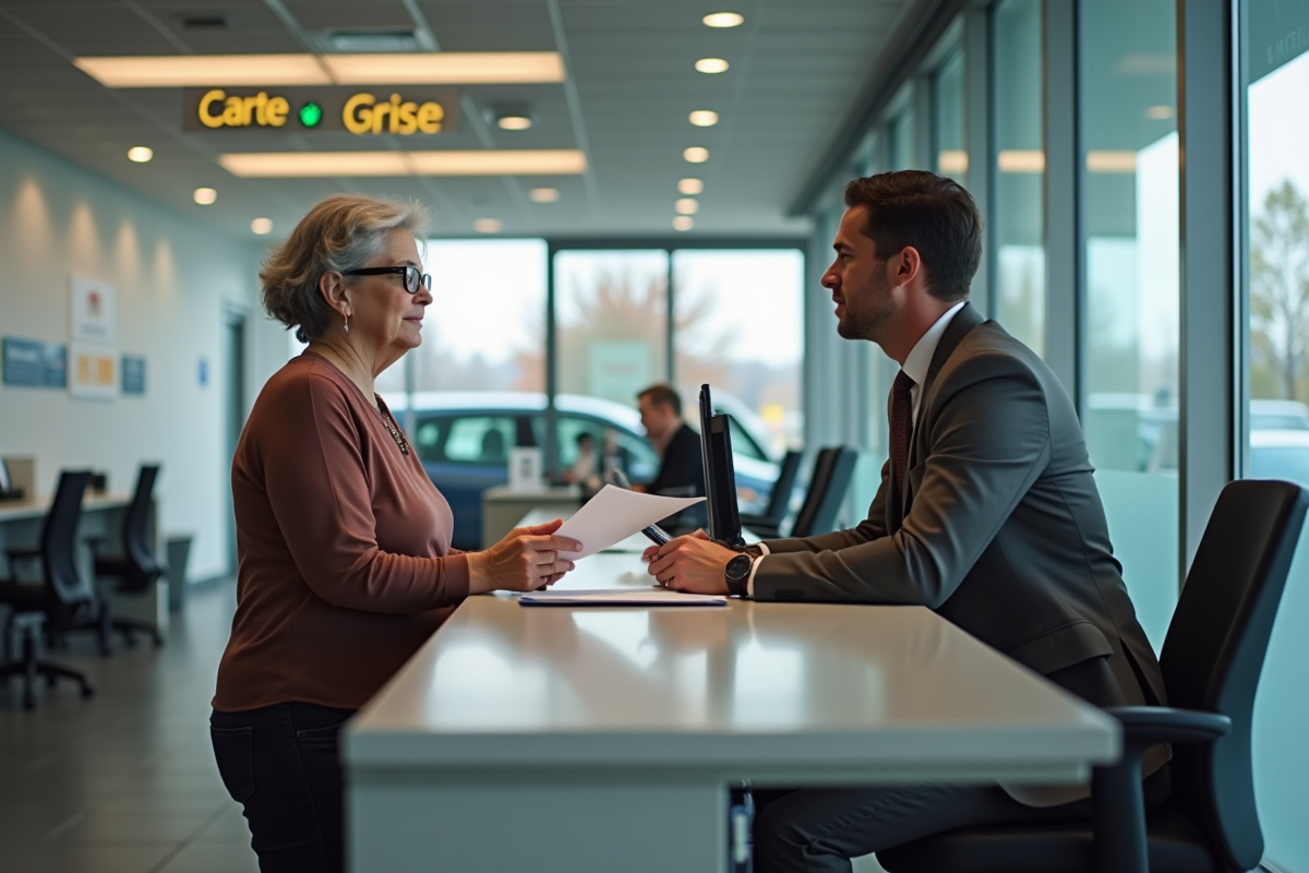 Femme discutant avec un agent dans un bureau de carte grise