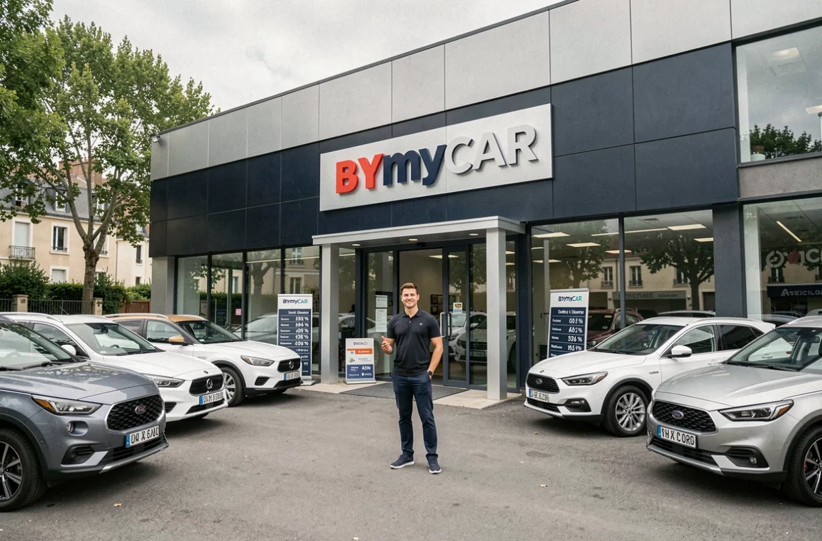 Devanture de la concession BYmyCAR à Sèvres avec véhicules d'occasion exposés et conseiller à l'entrée