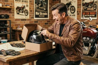 Homme passionné de moto découvrant un casque moto comme cadeau dans un garage vintage