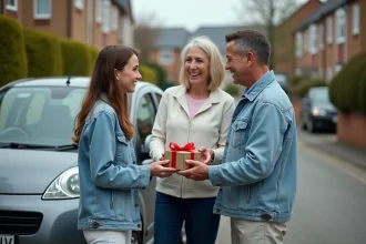 Jeune conductrice recevant un cadeau permis de conduire de ses parents dans un parking résidentiel