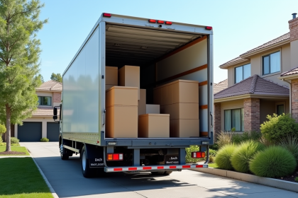 Camion de déménagement 40m3 devant une maison en banlieue