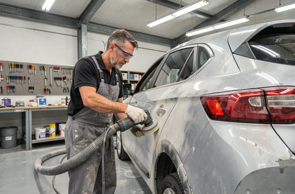 Technicien de la Carrosserie Pavard en Île-de-France ponçant un panneau de carrosserie endommagé dans l'atelier