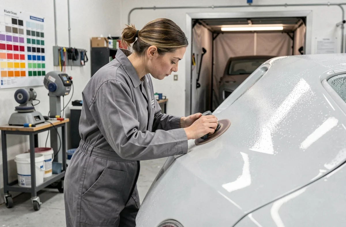 Technicienne carrossière ponçant un panneau de portière apprêté dans l'atelier de Carrosserie VLM
