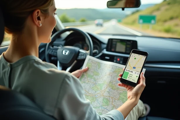Femme consultant une carte des autoroutes de France et une application mobile de péages dans une voiture moderne