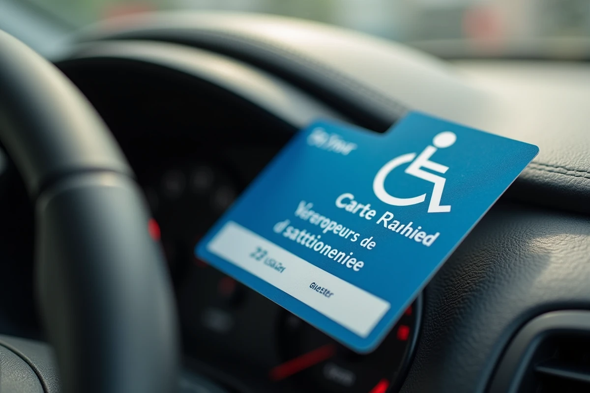 Gros plan sur une carte européenne de stationnement pour personnes handicapées posée sur le tableau de bord d'un véhicule