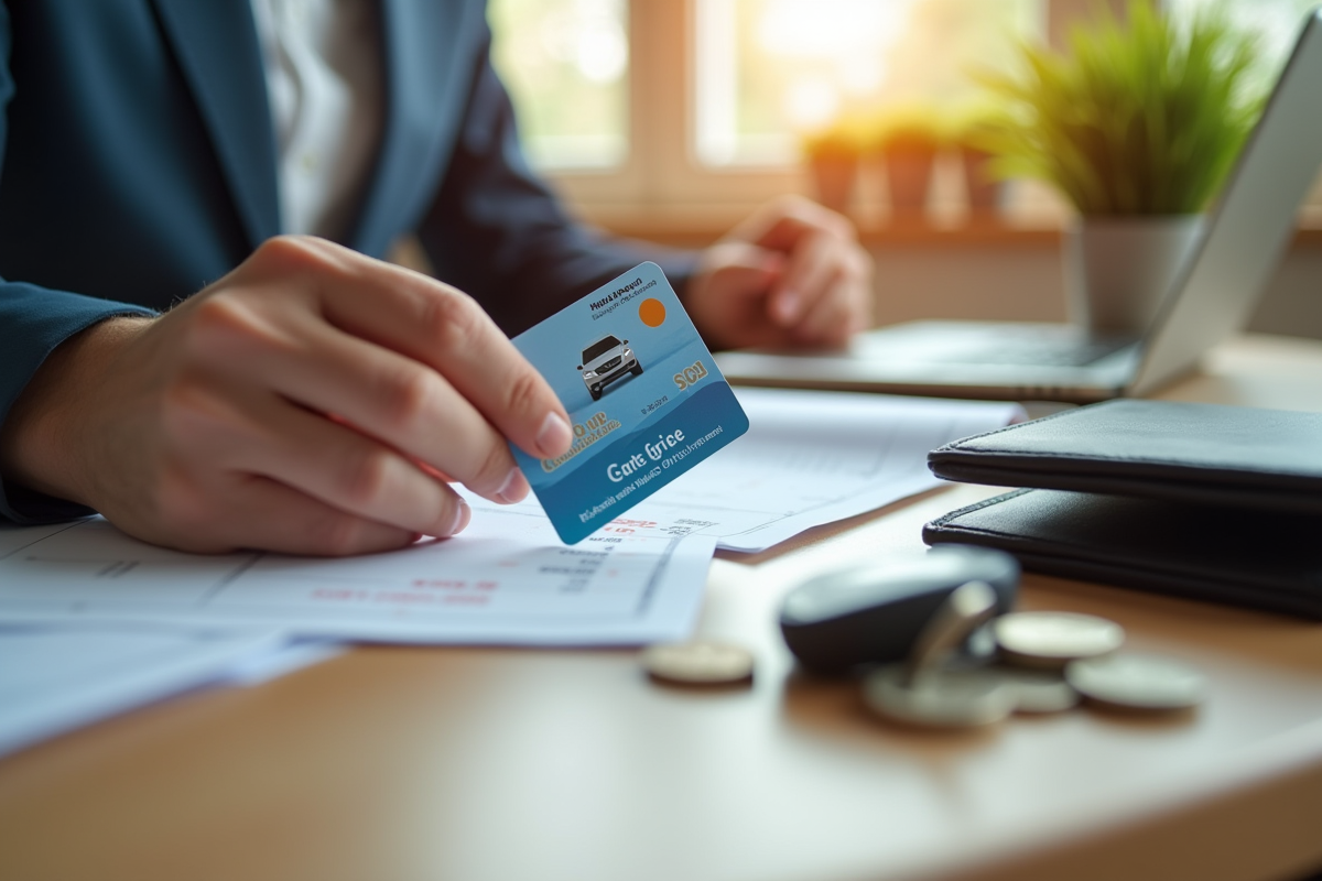 Main tenant une carte grise voiture avec clés et portefeuille