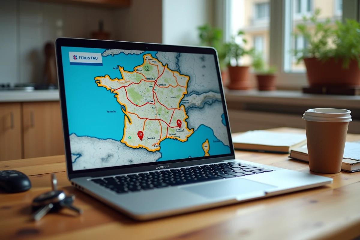 Carte interactive des autoroutes de France affichée sur un ordinateur portable avec péages et aires de service visibles