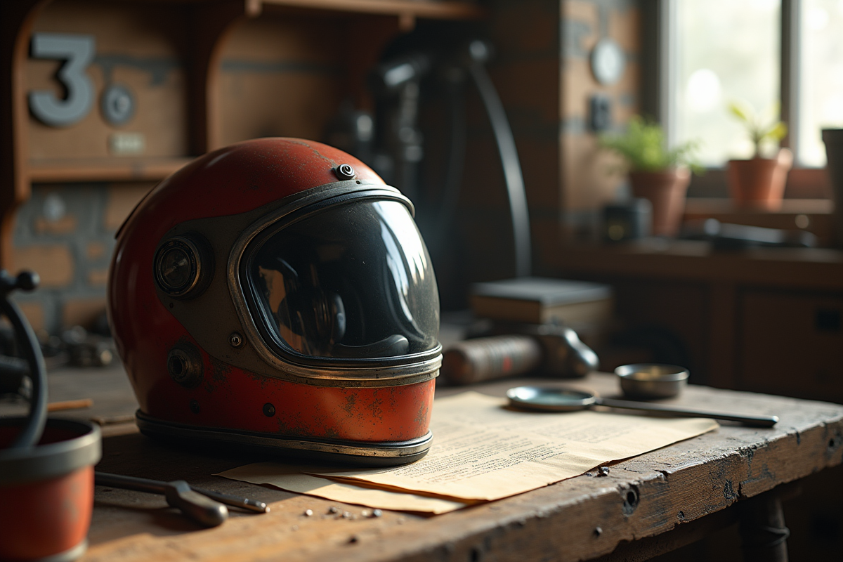 Casque de moto vintage sur un établi en bois avec outils anciens