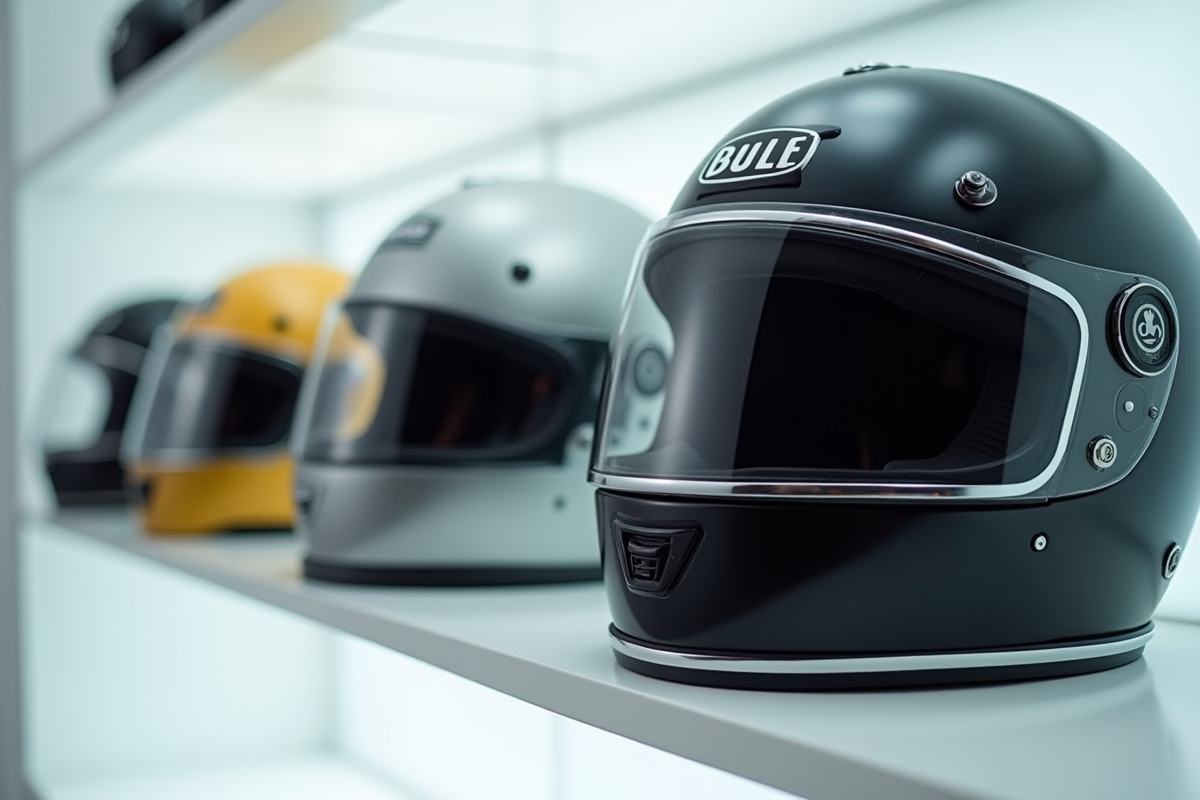 Trois casques de moto de différentes décennies en ligne sur une étagère blanche