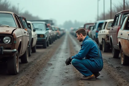 Casse automobile en Nord-Pas-de-Calais ouverte le samedi avec rangées de véhicules désossés et mécanicien au travail