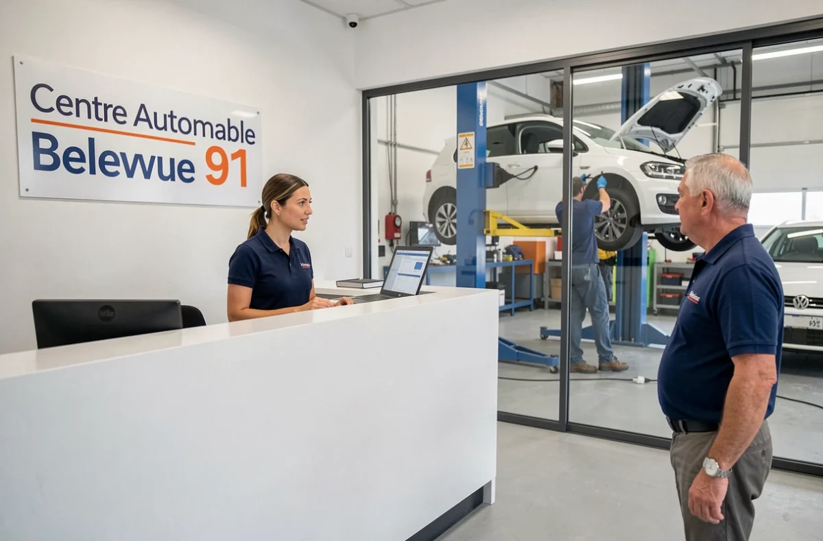 Accueil du Centre Automobile Bellevue 91 en Essonne avec une conseillère et un client devant le comptoir de réception