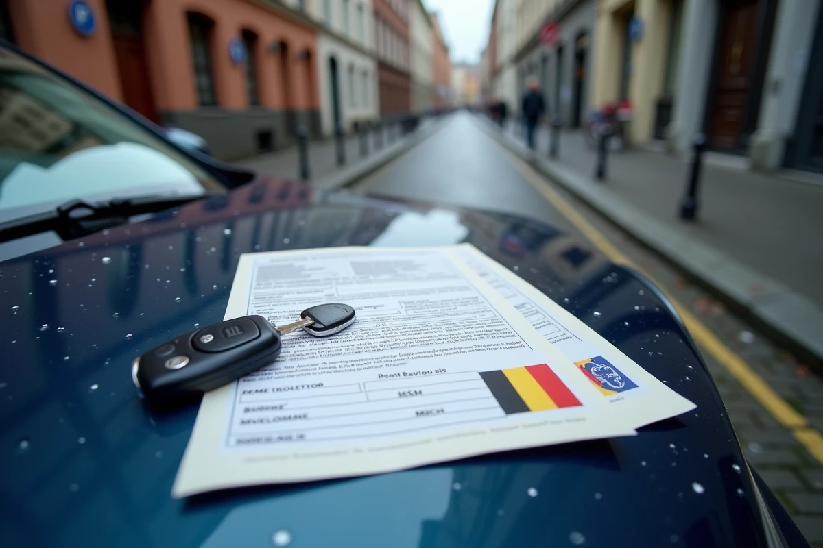 Certificat d'immatriculation belge et plaques d'immatriculation posés sur le capot d'une voiture dans une rue de Bruxelles