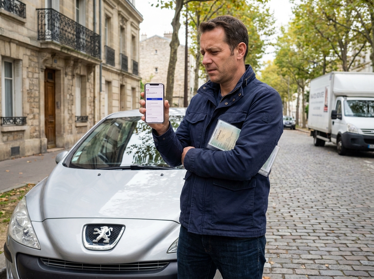 Homme mettant à jour l'adresse de sa carte grise en ligne depuis son smartphone devant sa voiture dans une rue résidentielle française