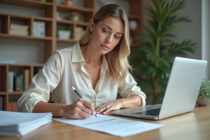 Femme remplissant un formulaire de changement de nom sur une carte grise après un mariage