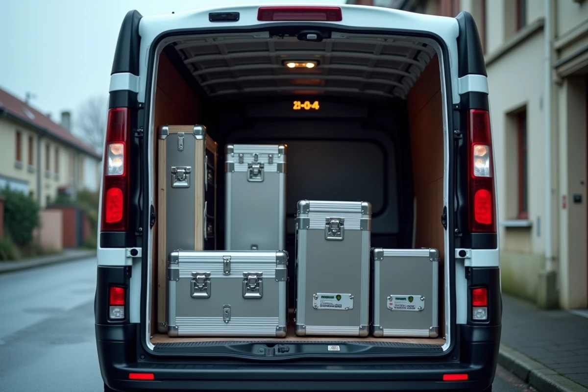 Intérieur du Renault Trafic L1H1 chargé avec des équipements professionnels et affichage du poids de la charge utile