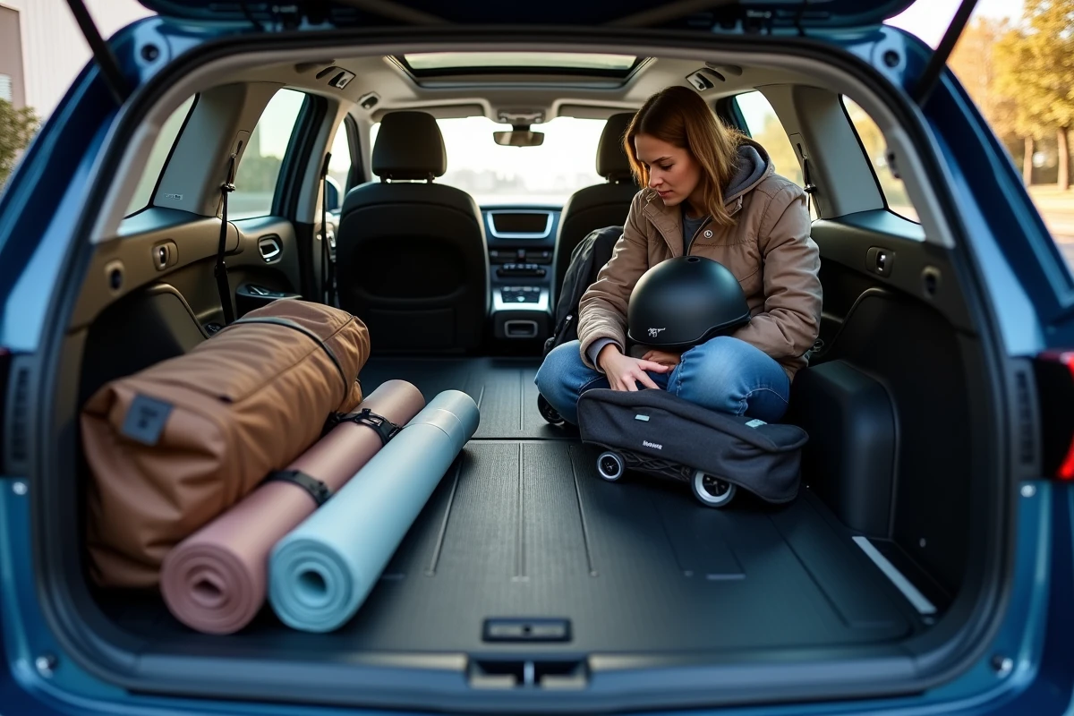 Famille chargeant du matériel de sport dans le coffre modulable de la 308 SW phase 2