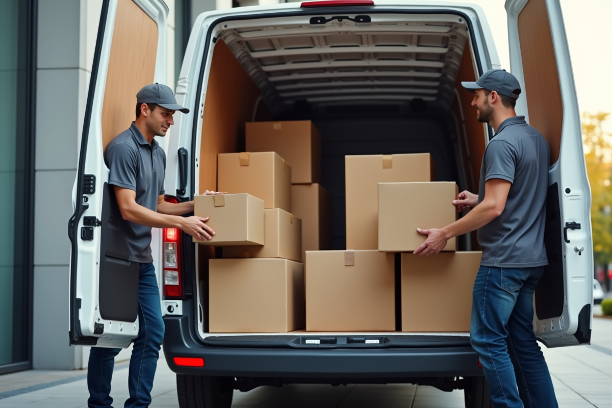 Équipe de déménageurs chargeant des cartons dans un van moderne