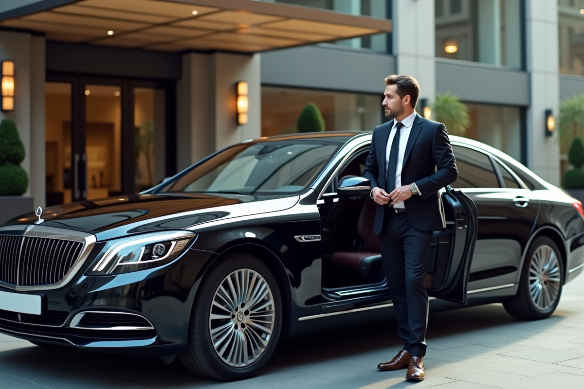 Chauffeur élégant ouvrant la porte d'une berline noire devant un hôtel moderne