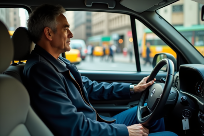 Homme chauffeur de taxi en ville regardant par la fenêtre