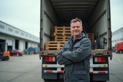 Conducteur de camion industriel devant un camion chargé