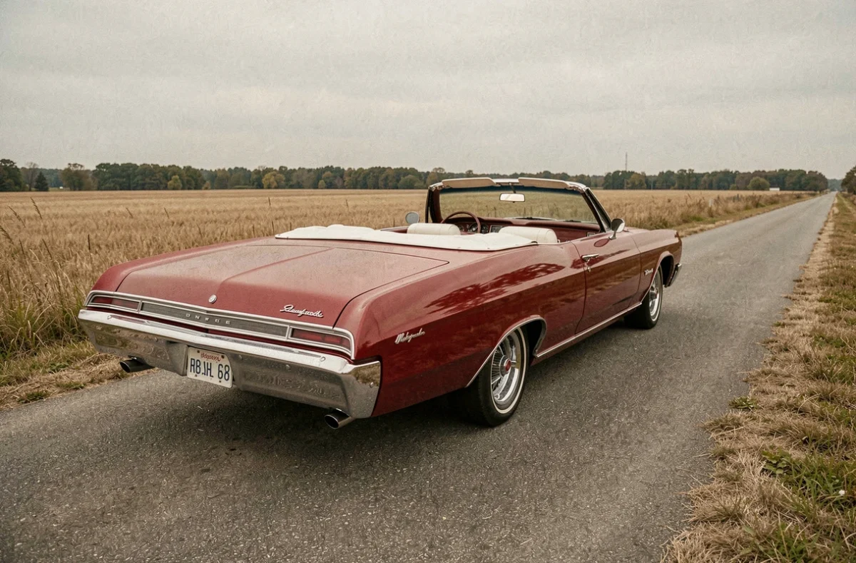 Chevrolet Impala 4 portes 1967 rouge vue arrière trois-quarts sur route rurale américaine