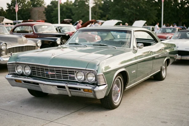 Chevrolet Impala 4 portes 1967 vert métallique vue trois-quarts avant lors d'un salon de voitures classiques