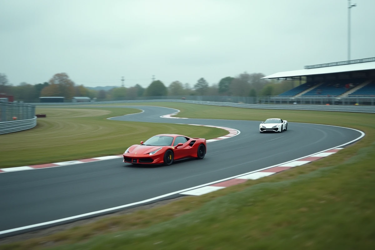 Vue large d'un circuit de course avec deux voitures de sport en plein virage lors d'un stage de pilotage automobile