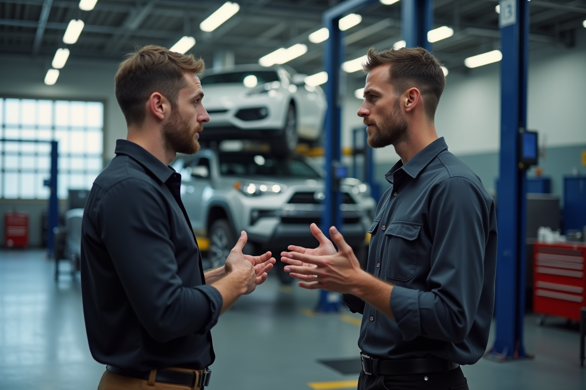 Client confiant parlant au mécanicien dans un atelier auto moderne
