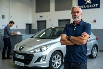 Client mécontent devant son Peugeot 308 dans un centre SAV Peugeot France