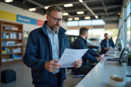 Client Norauto consultant un document de carte grise au comptoir d'accueil d'un centre automobile