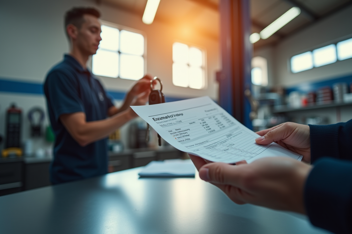 Main tenant des clés de voiture et devis face au comptoir auto
