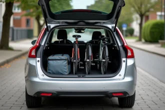 Coffre ouvert d'une Peugeot 308 SW phase 2 chargée de vélos, valises et sacs de sport